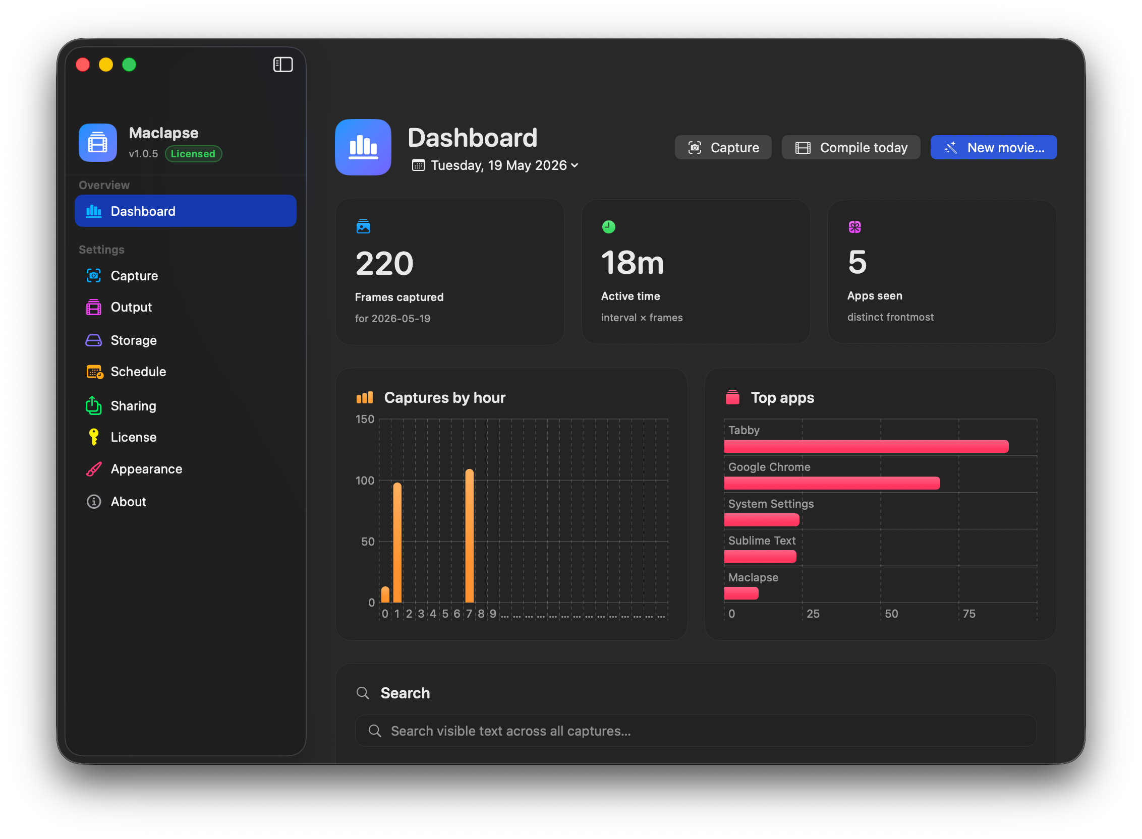 Maclapse Dashboard — sidebar with Overview / Settings / Sharing groups, three stat cards (Frames captured, Active time, Apps seen), captures-by-hour bar chart and top-apps list.