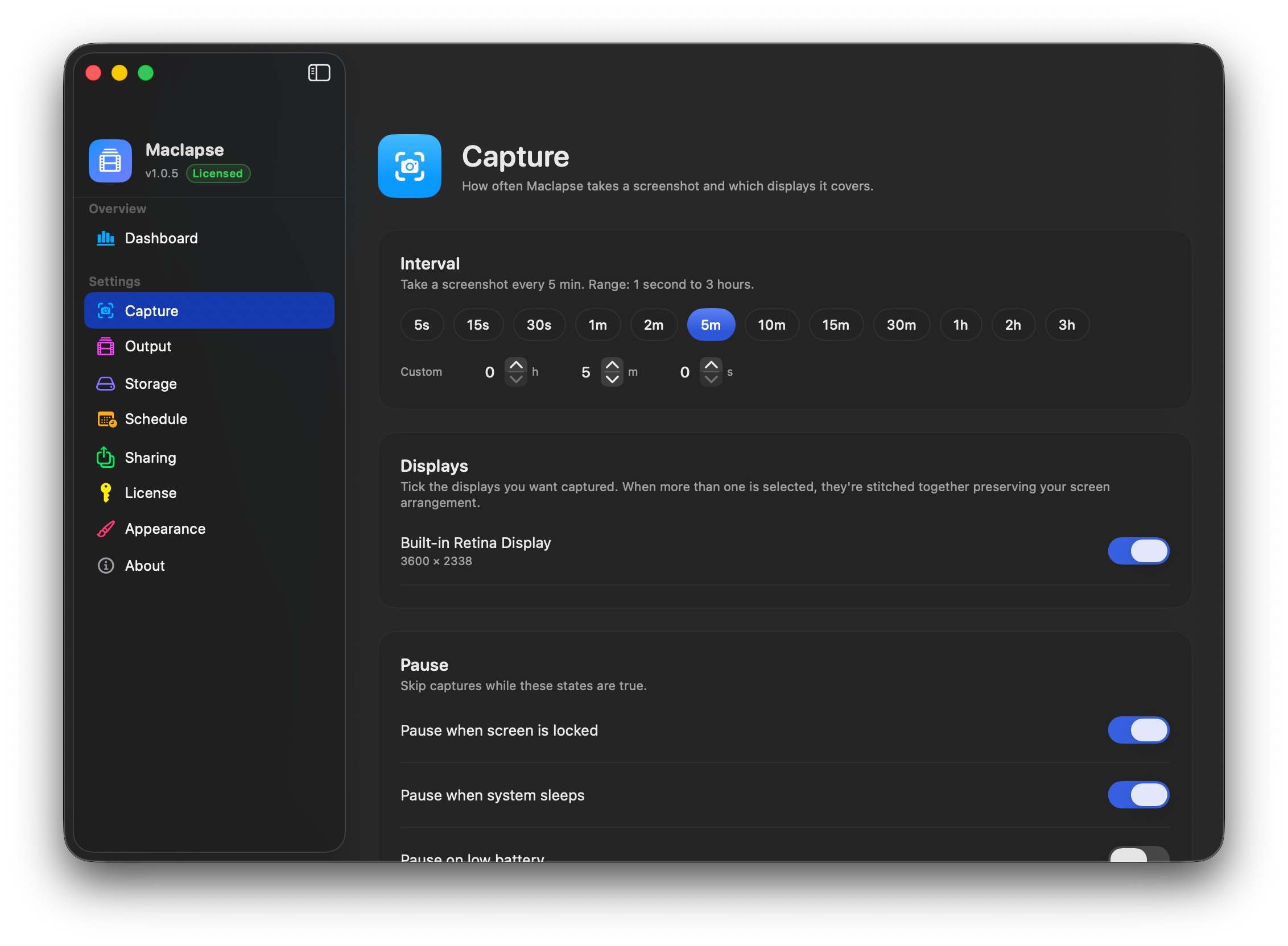 Capture settings: interval chips, h-m-s stepper, display picker, pause toggles.