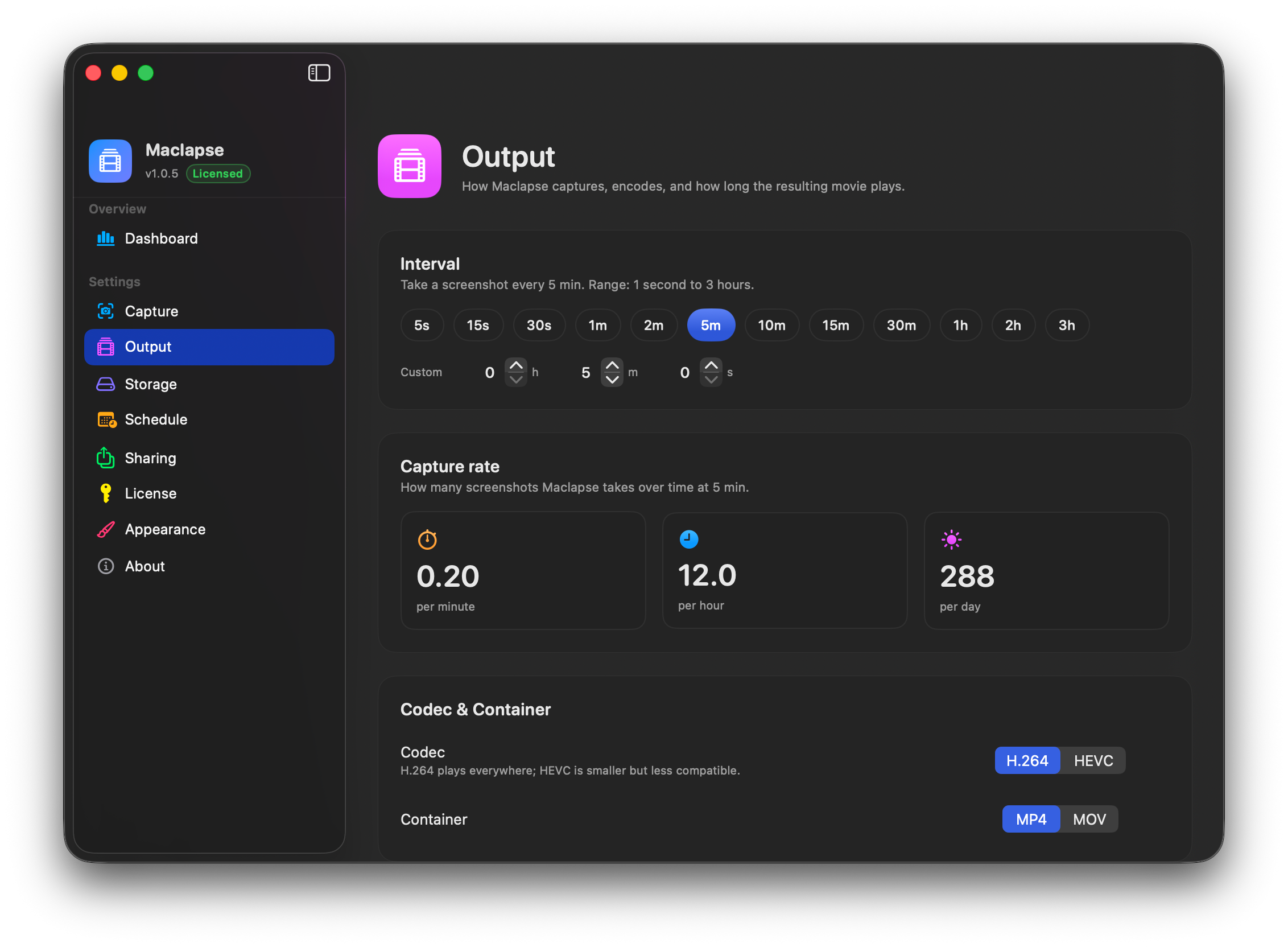Output settings: capture rate tiles, codec and container segmented controls, FPS stepper.