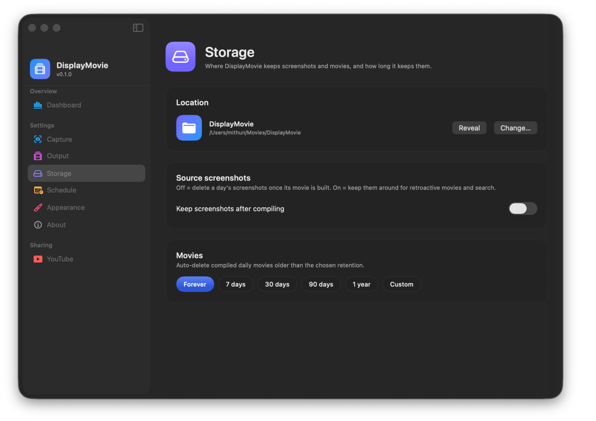 Storage settings: folder, retention.