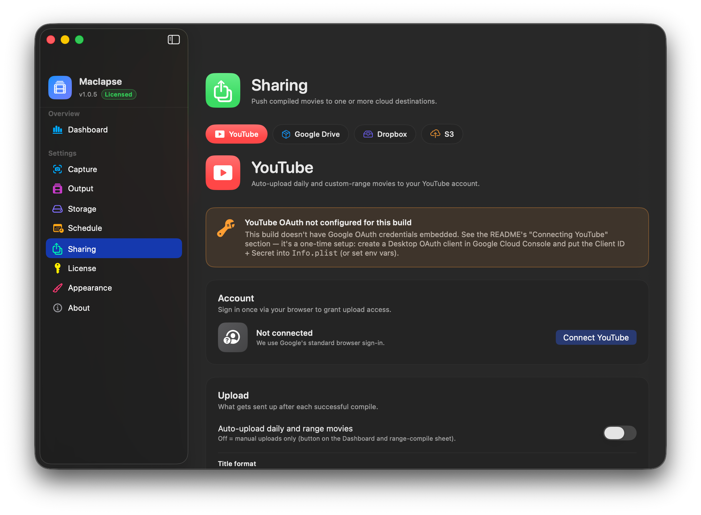 YouTube Sharing tab: OAuth status, title format, visibility chooser, auto-upload toggle.